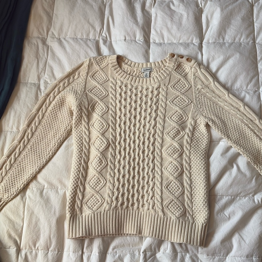 ll bean cream double l cable knit sweater w shoulder buttons xs fisherman